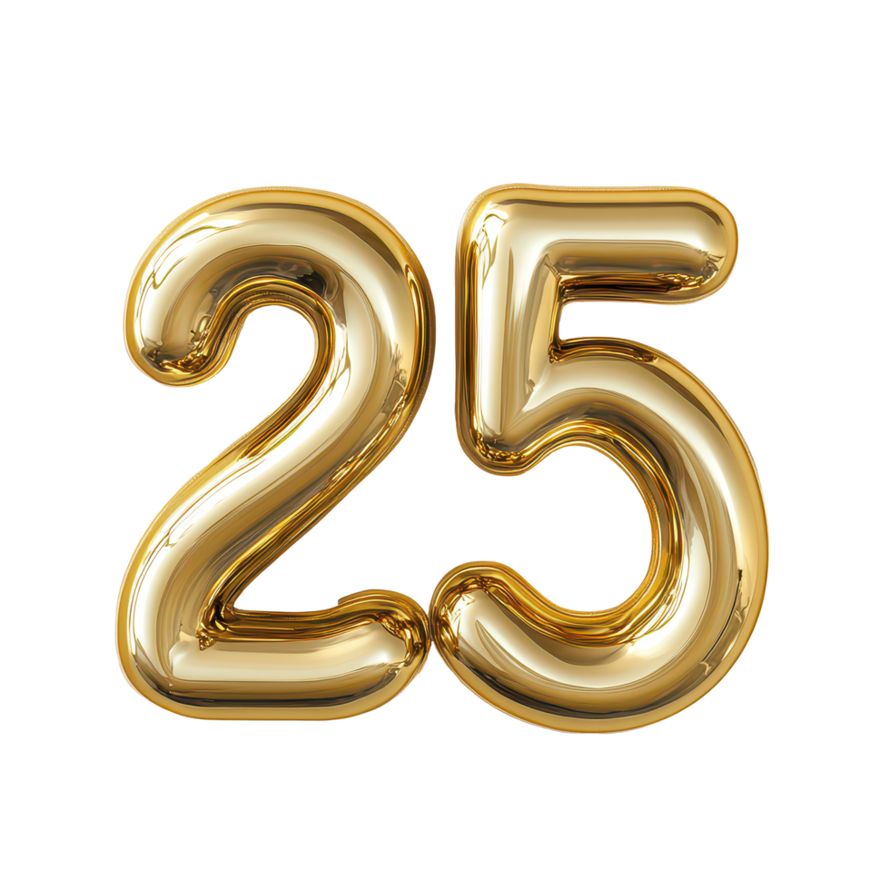 Celebratory gold numbers 25 for New Year festivities displayed on a neutral backdrop, 3D Gold Numbers 2025 for New Year Celebration on transparent background png