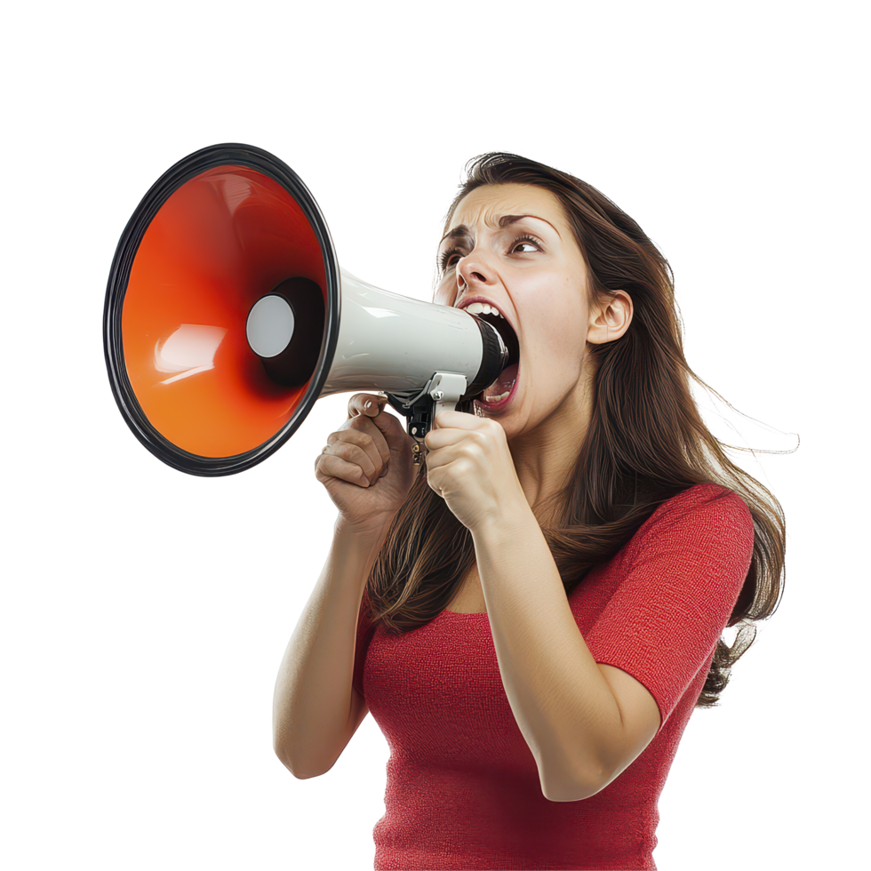A chic brunette lady passionately shouting into a loudspeaker, conveying a powerful message with enthusiasm, A Chic Brunette Lady Shouting into a Loudspeaker, transparent background. png
