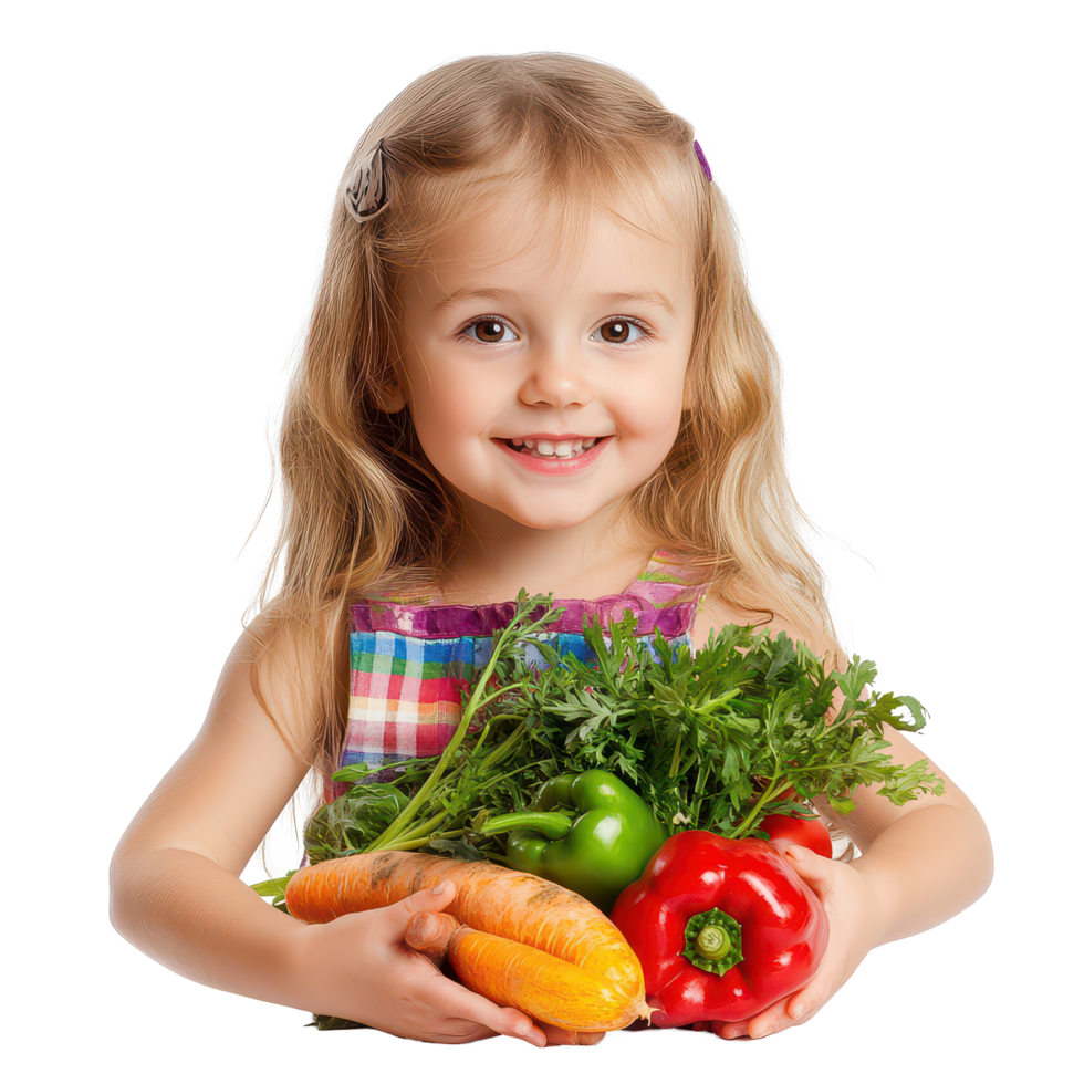 uma alegre pequeno menina detém fresco legumes com uma grande sorrir contra uma brilhante, transparente fundo, lindo pequeno menina com legumes em uma transparente fundo png