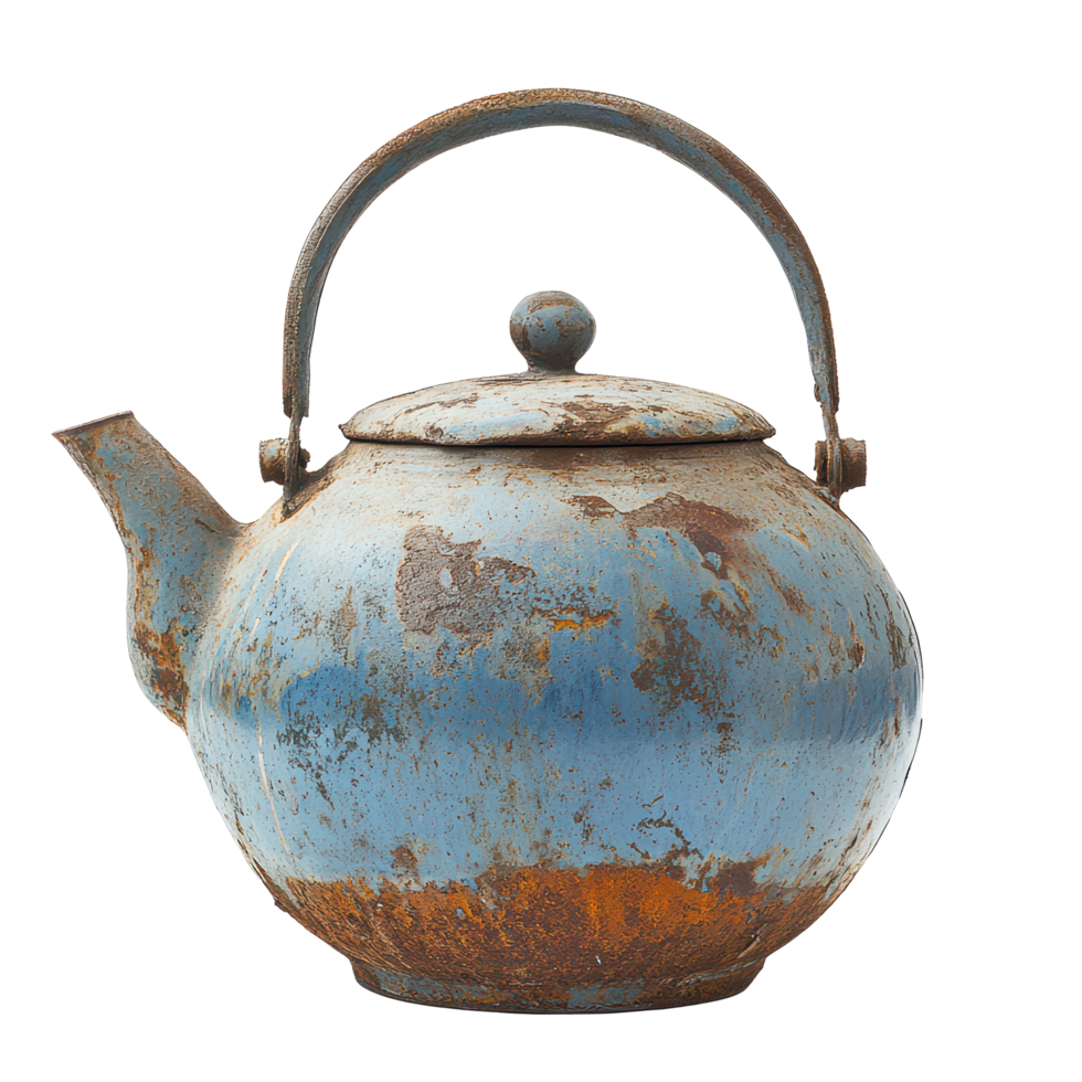 A vintage blue teapot with rust, showing wear and history, perfect for a rustic kitchen or collection display, A large rusted blue teapot with a single handle and spout, transparent background. png