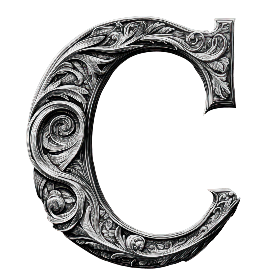Stylized ornate black and letter C with elaborate floral designs on a dark background, black and letter c with a black background, transparent background. png