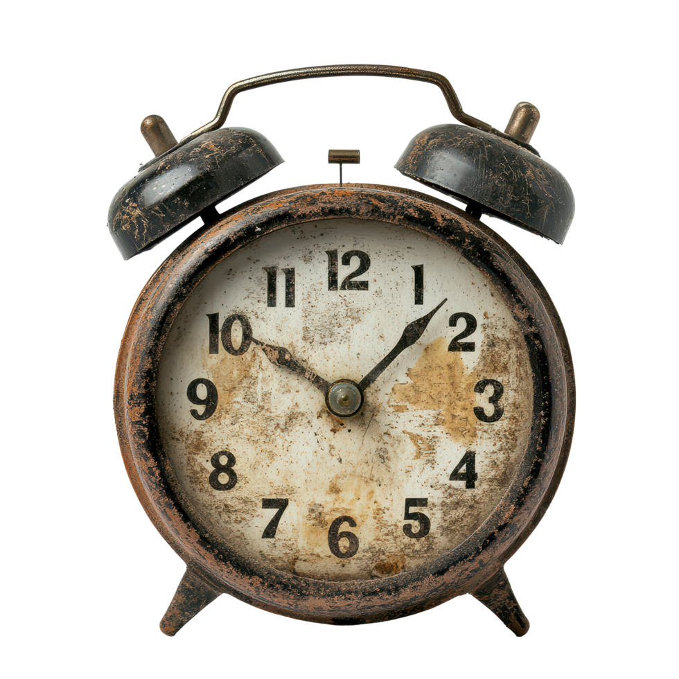 An old dirty alarm clock showing the passing of time with discolored face and rusty exterior against a transparent background, an old and dirty alarm clock, transparent background. png