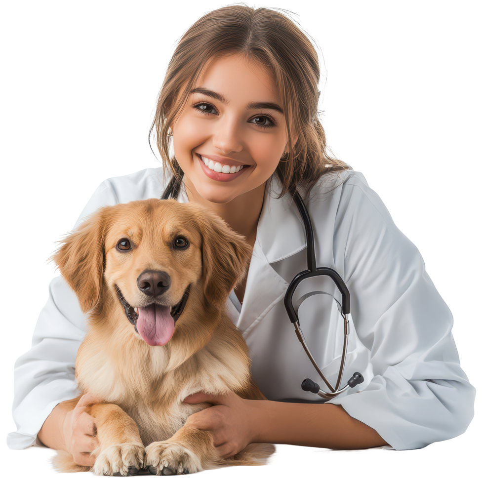 Young veterinarian smiles radiantly while caring for a golden retriever in a bright, clean clinic setting, Beautiful young veterinarian with a dog on a transparent background png