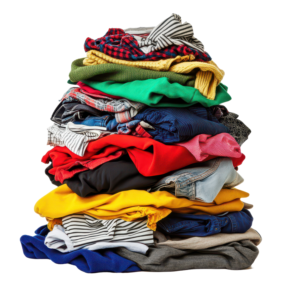 Assorted pile of colorful clothes isolated against a clean transparent background ready for sorting or donation, Assorted Pile Clothes Isolated on transparent background png