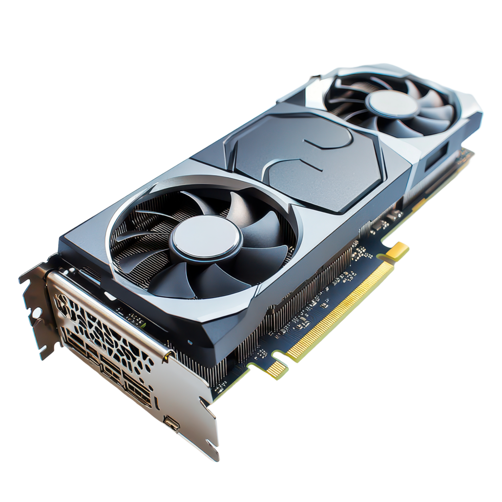 A detailed view of a modern computer graphics card displayed on a clean transparent background, A modern computer graphics card, transparent background. png