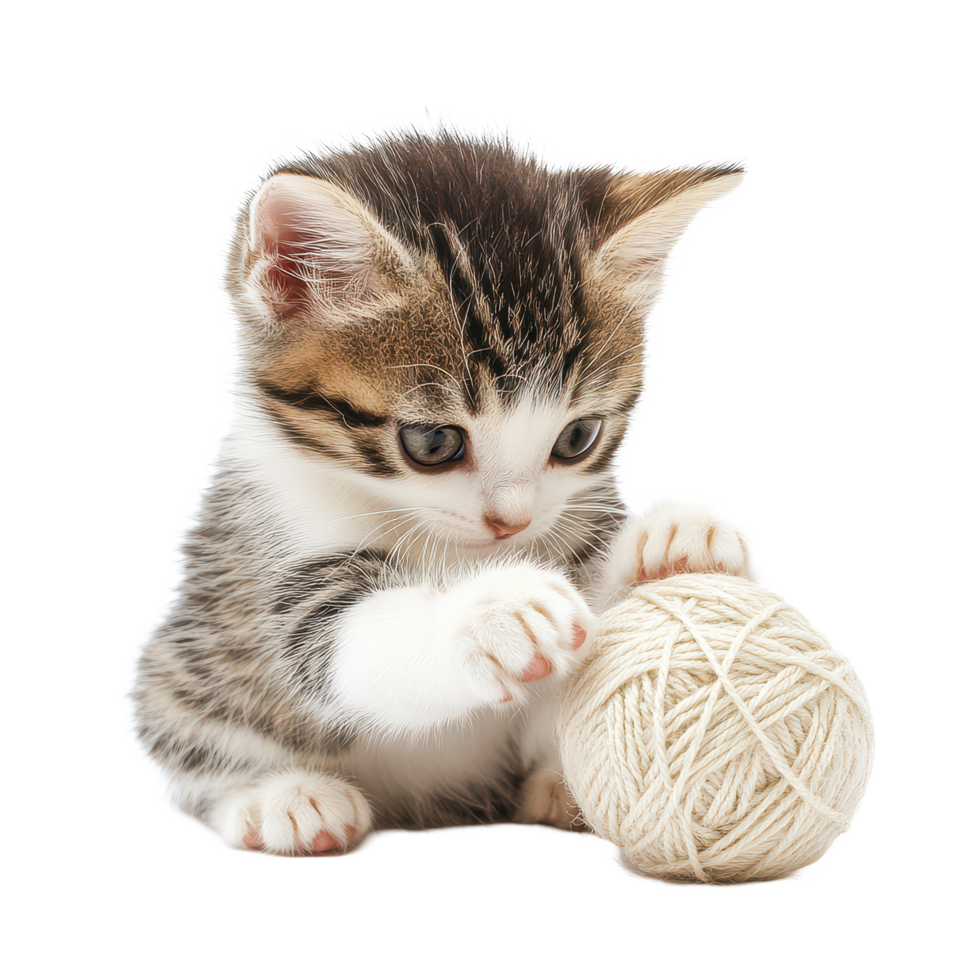A playful kitten explores a ball of yarn on a bright transparent background in a lively indoor setting, a kitten playing with a ball yarn, transparent background png