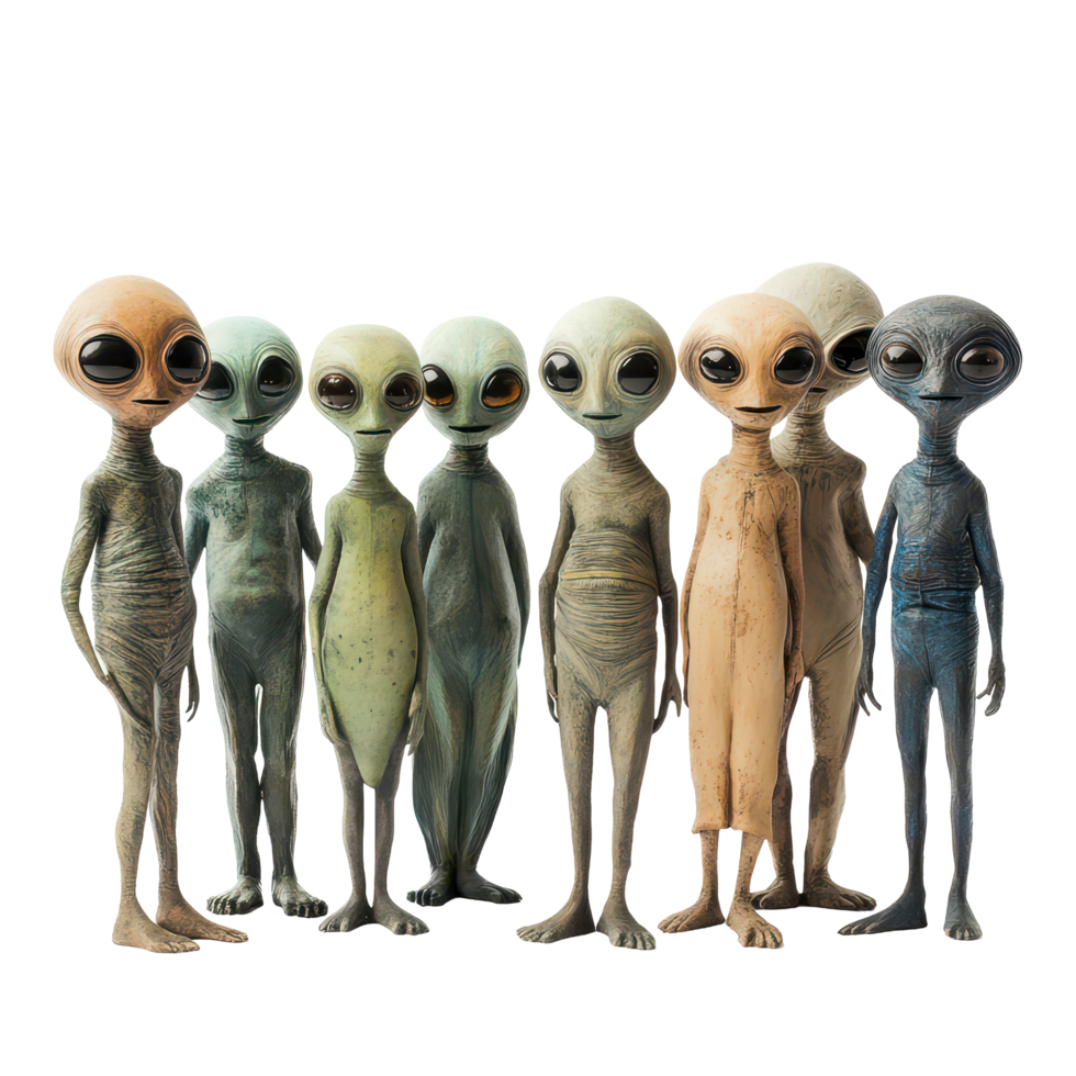 A diverse group of extraterrestrial beings gathered together in a bright setting under soft lighting, A group extraterrestrial beings standing together, transparent background. png