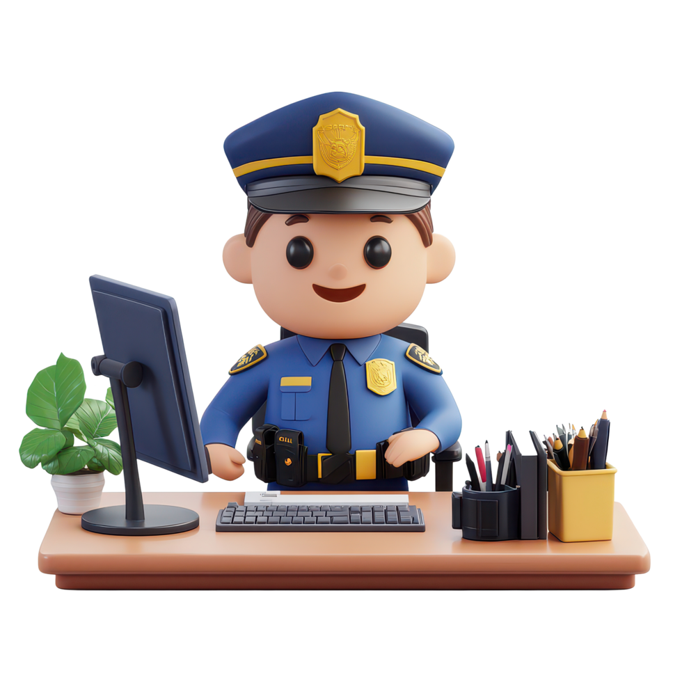 A cheerful police officer character working diligently at a workstation with a computer and desk, 3D Police Officer Character at Workstation on transparent background png