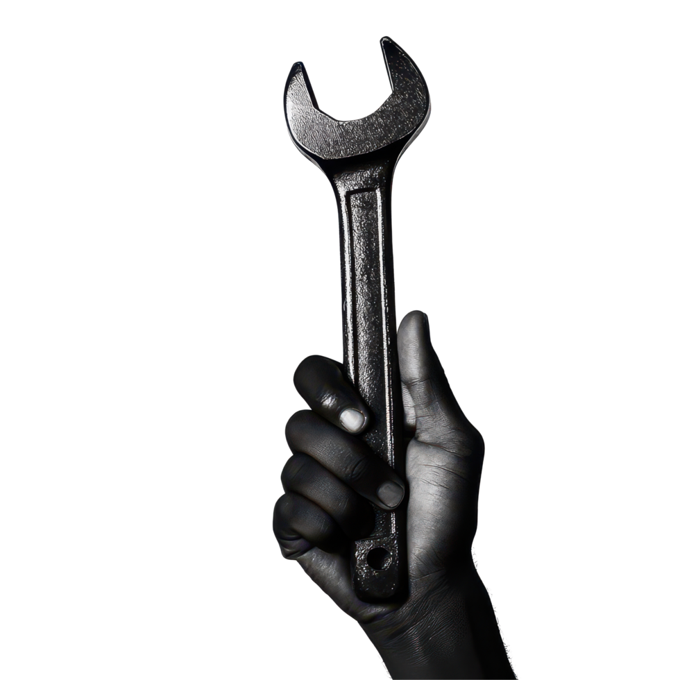Black hand gripping a wrench against a transparent background showcasing tools and craftsmanship, Black Hand Holding Wrench on transparent background png
