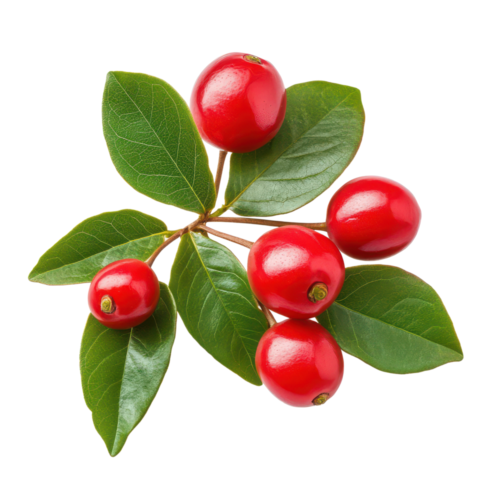 Vibrant Barbados cherries with glossy red fruits and lush green leaves on a transparent background, Barbados cherry, Malpighia emarginata, Family Malpighiaceae isolated on transparent background png