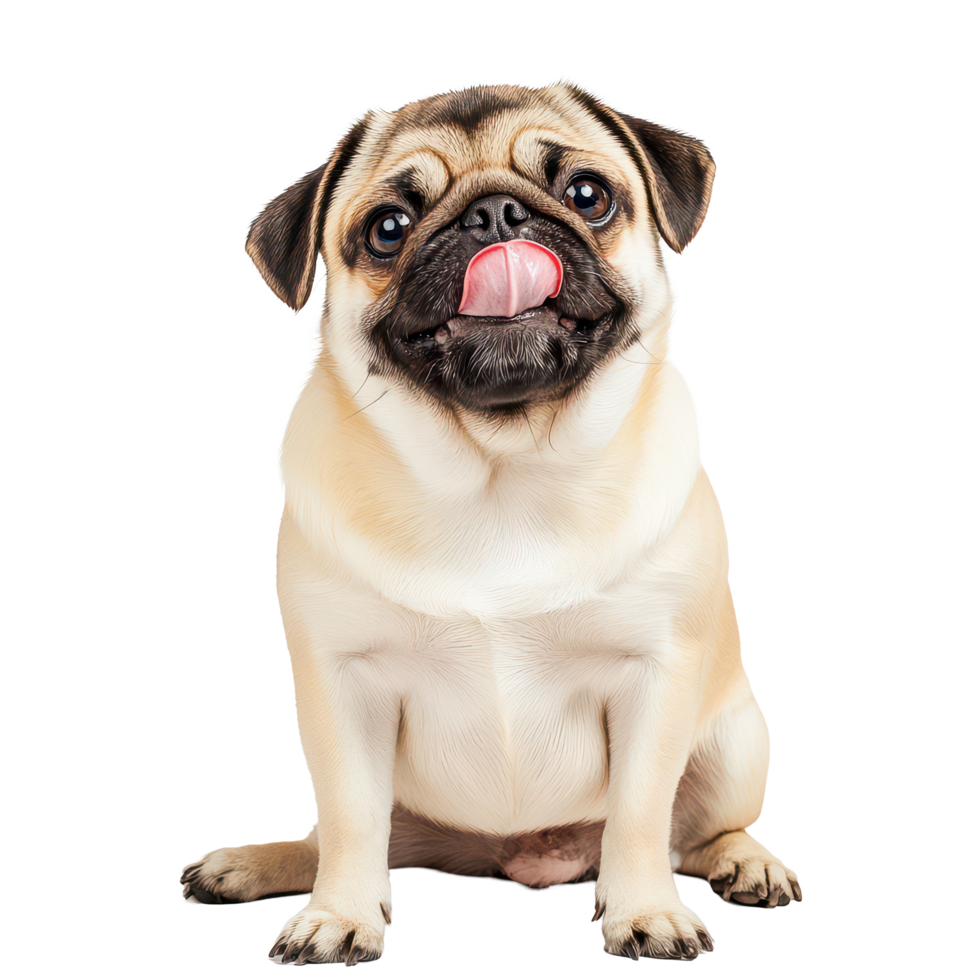 A cute pug sitting on the ground with its tongue out in a cozy indoor setting, a cute pug sitting on the ground with its tongue out, transparent background. png