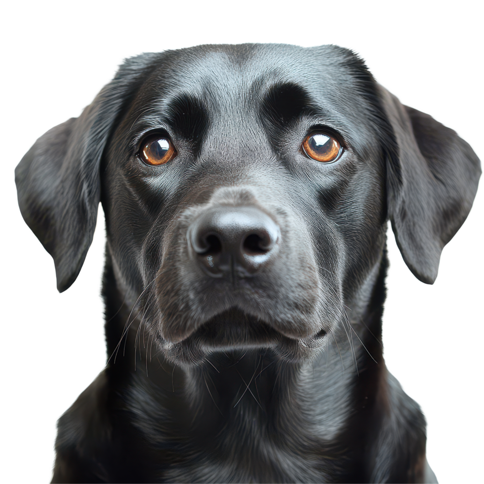A black dog with expressive eyes stands isolated against a plain transparent background, showcasing its calm demeanor, black dogisolated on transparent background png