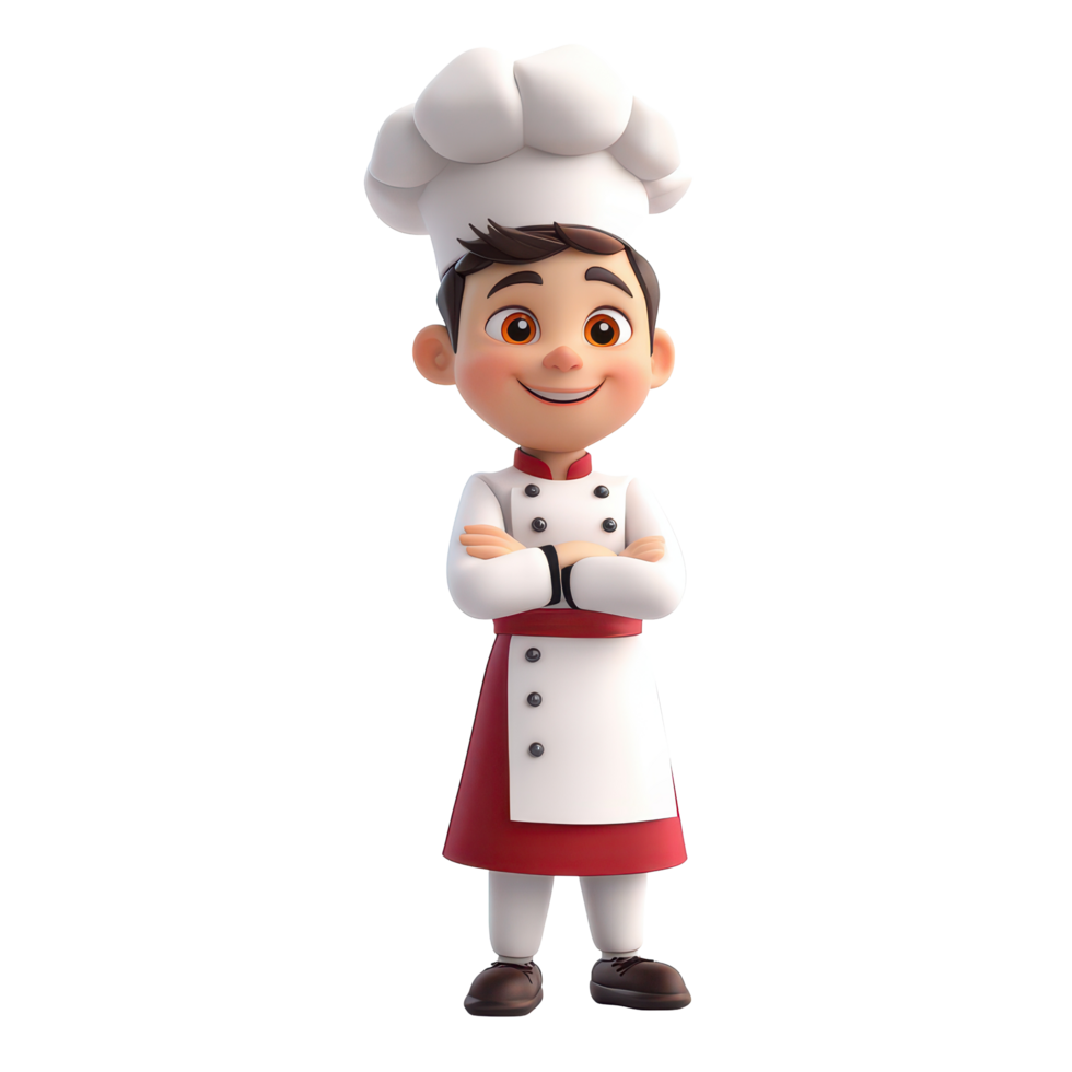 Cheerful cartoon chef standing confidently in a outfit on a plain background ready for culinary adventures, 3D cartoon character chef on transparent background png