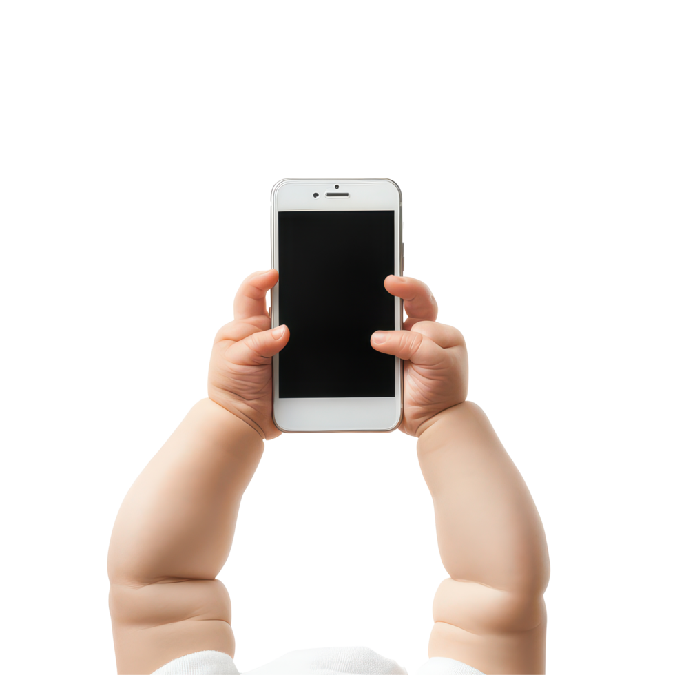 Baby's hands holding a smartphone while sitting against a transparent background, showcasing curiosity and playfulness, Baby's Hands Holding Smartphone isolated on transparent background png