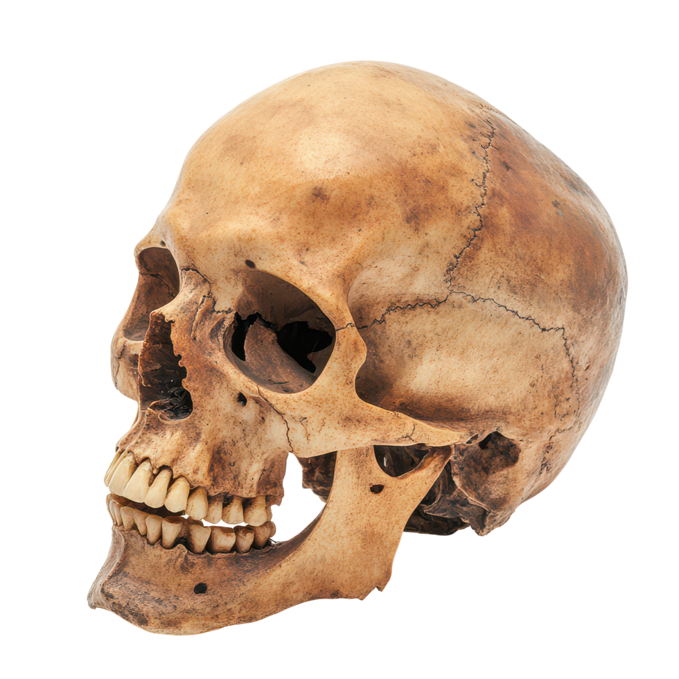 Human skull isolated on a transparent background showcasing intricate details and textures in a natural state, A Human Skull Isolated on a transparent background png
