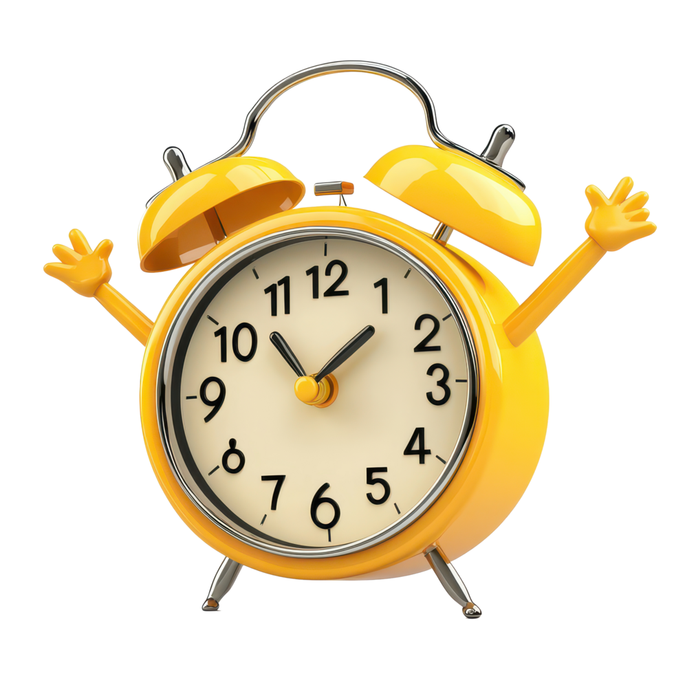 Cheerful cartoon alarm clock character with hands raised, ready to wake you up and start the day, Alarm clock cartoon character isolated on transparent background png