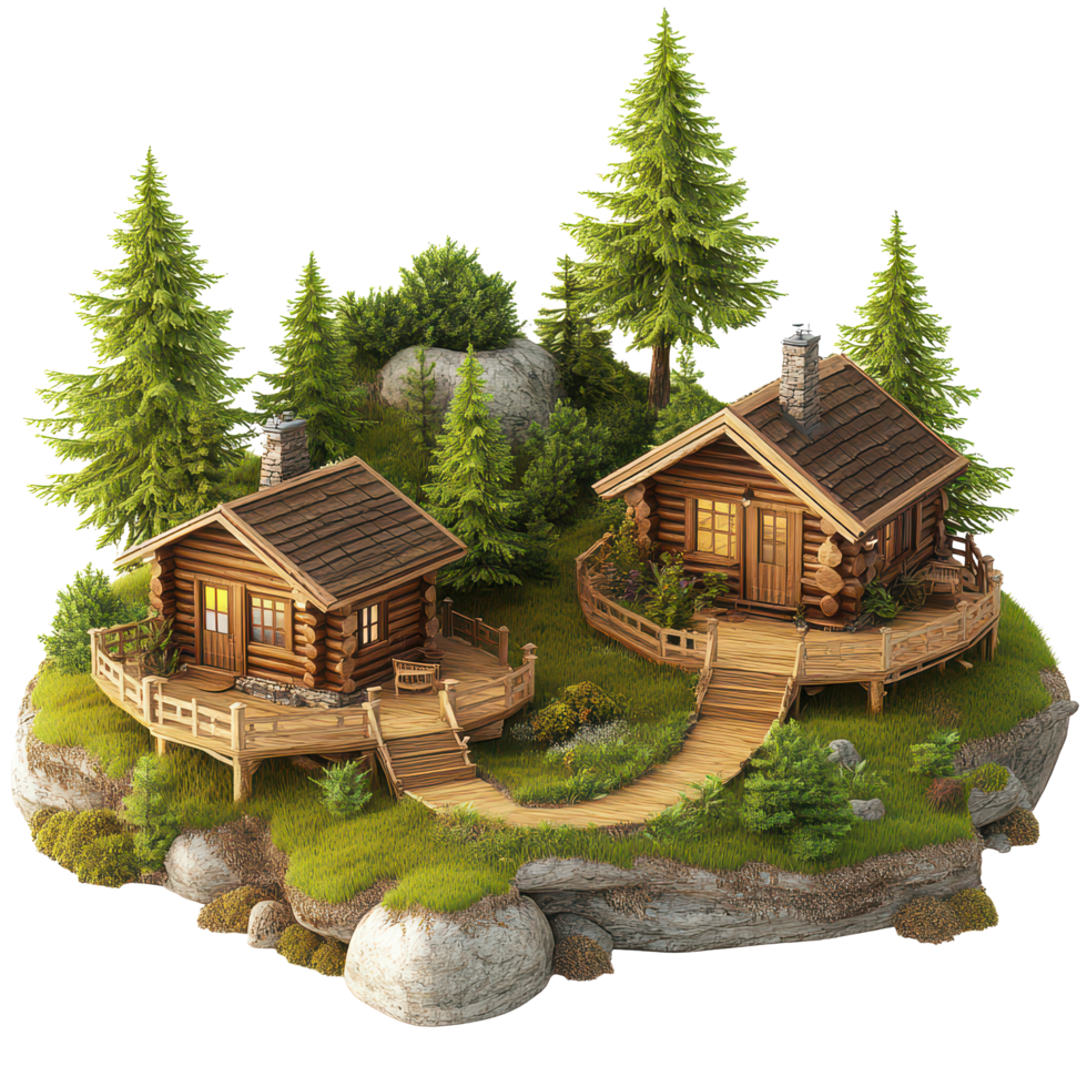 Beautiful rustic log cabins nestled in lush greenery amid natural surroundings, 3D Rustic Log Cabins Surrounded by Nature on transparent background png