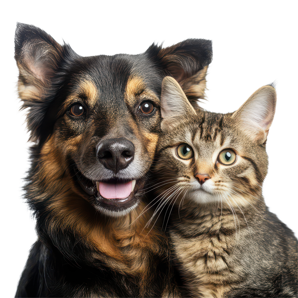 A cheerful dog and cat posing together with bright expressions against a transparent background, A dog and a cat posing together for a picture, transparent background. png