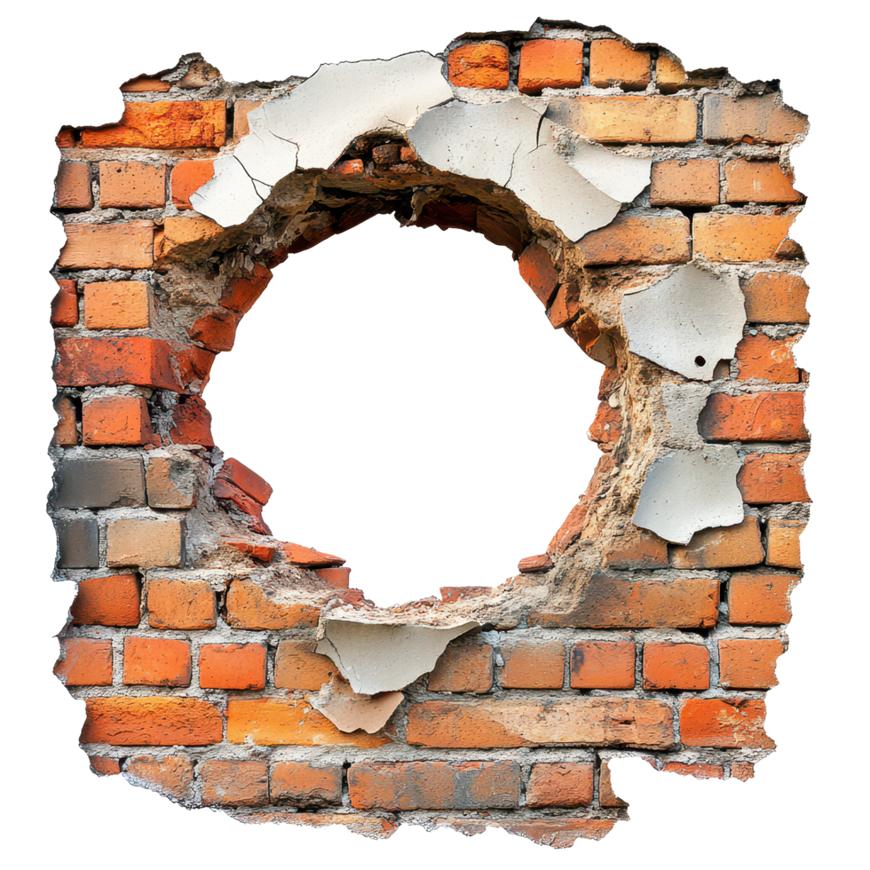 Damaged brick wall featuring a circular hole revealing space beyond, a damaged brick wall with a circular hole in the center, transparent background. png
