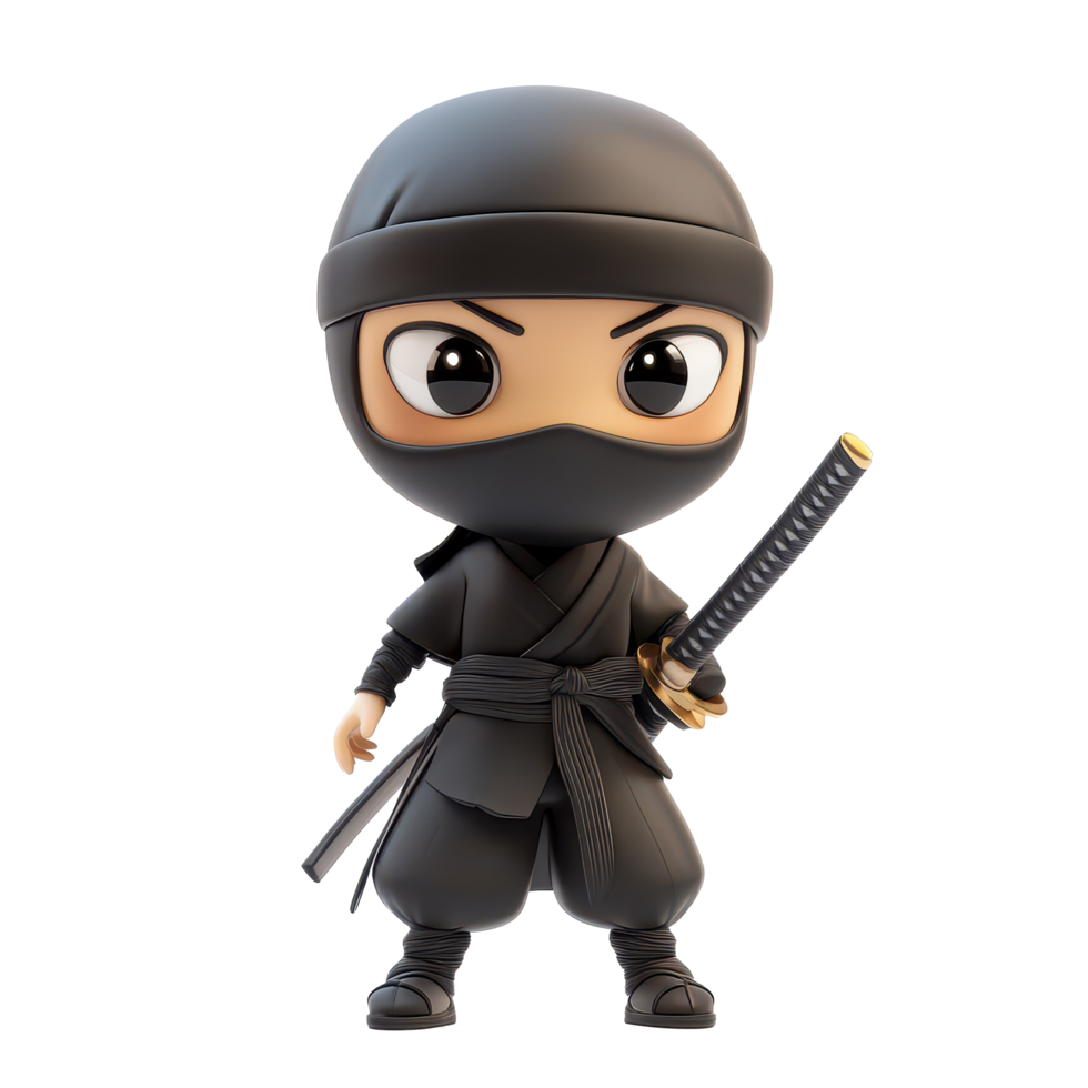 Playful cartoon ninja character holding a sword with a confident pose on a bright transparent background, 3D Cartoon Ninja Characters on transparent background png