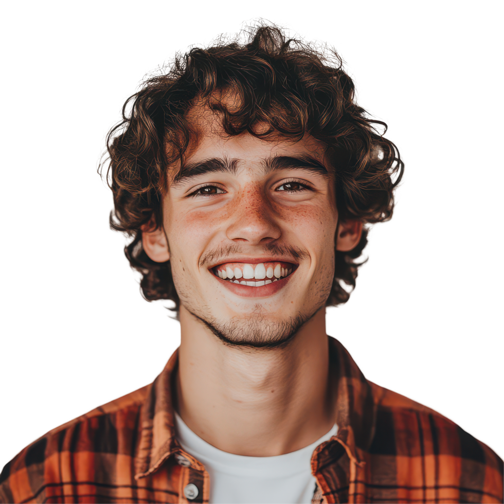 A young man with curly hair smiles brightly while wearing a flannel shirt, showcasing, A young man with curly hair and a flannel shirt smiling and looking directly at the camera png