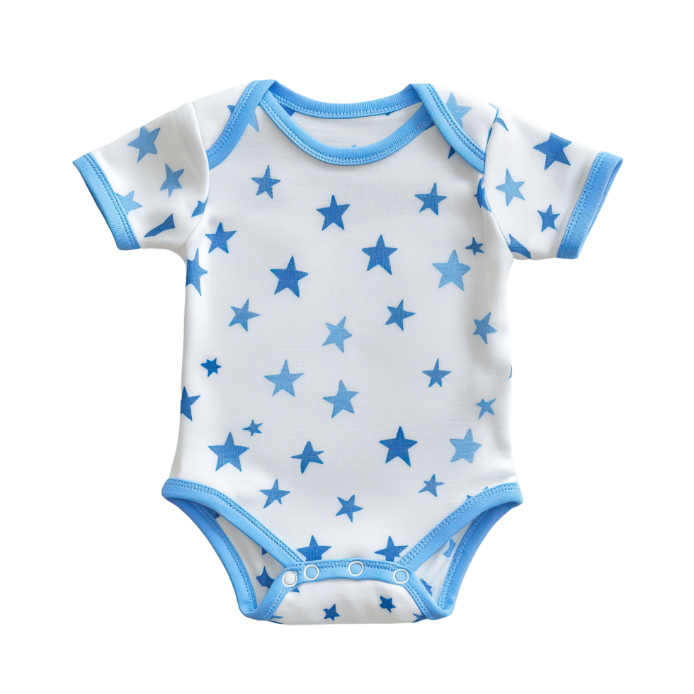 Cute blue and baby onesie with stitched stars perfect for warm weather outings and playdates, Baby One-Piece Onesie Blue and Stitched Stars, transparent background. png