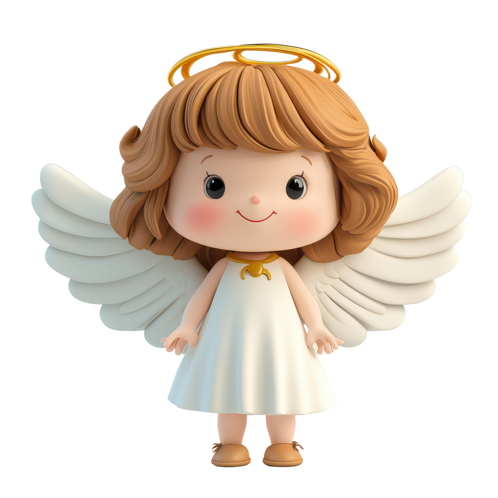 Cute cartoon angel character with golden halo and wings on a bright transparent background, 3D Cartoon Angel Characters on transparent background png