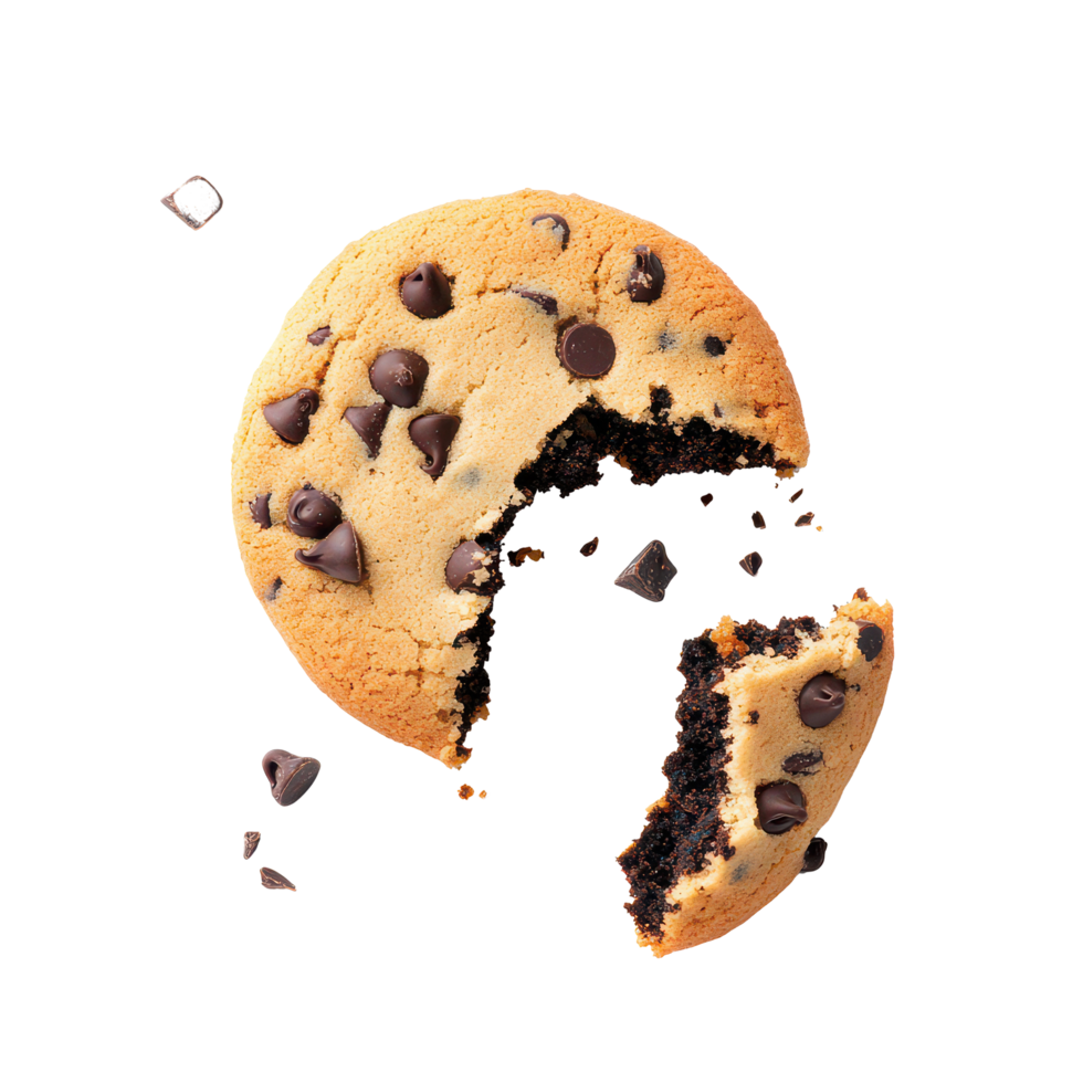 Bitten chocolate chip cookie with pieces scattered on a transparent background, Bitten Cookie with Chocolate Chips isolated on transparent background png