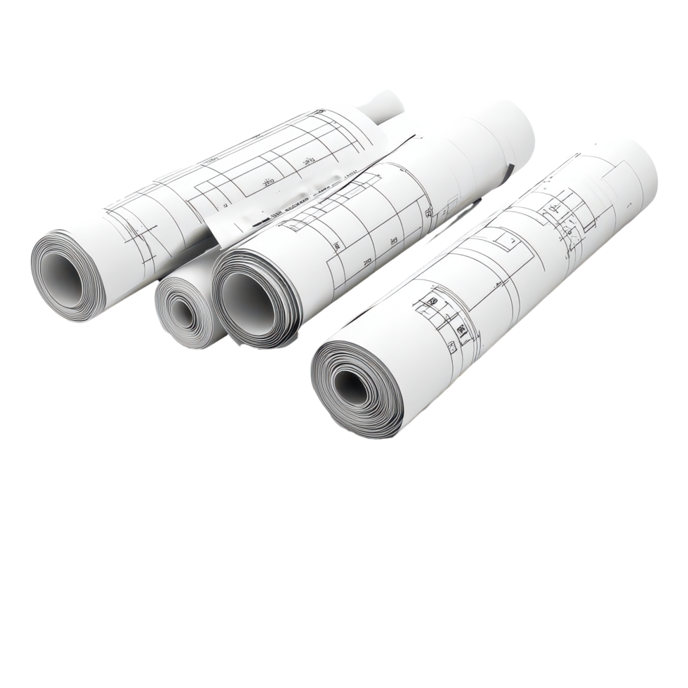 Architectural blueprints and rolled plans displayed on a transparent background for design and construction projects, Architectural blueprints and blueprint rolls on transparent background png