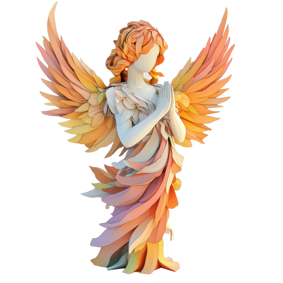 A serene angel sculpture featuring gradient colors with detailed wings on a clean transparent background, a angel poster, gradients, sketchfab, transparent background. png