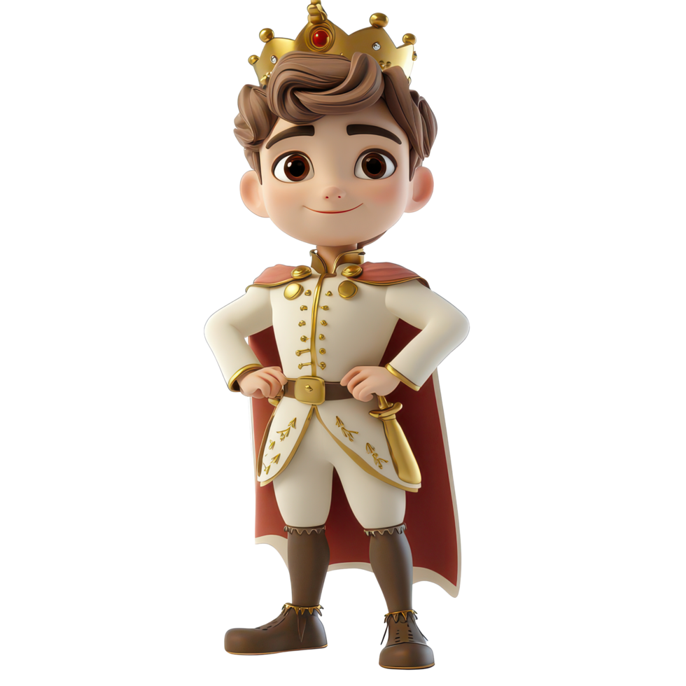 Charming cartoon prince character on a transparent background ready for adventure and royal duties, 3D Cartoon Prince Characters on transparent background png