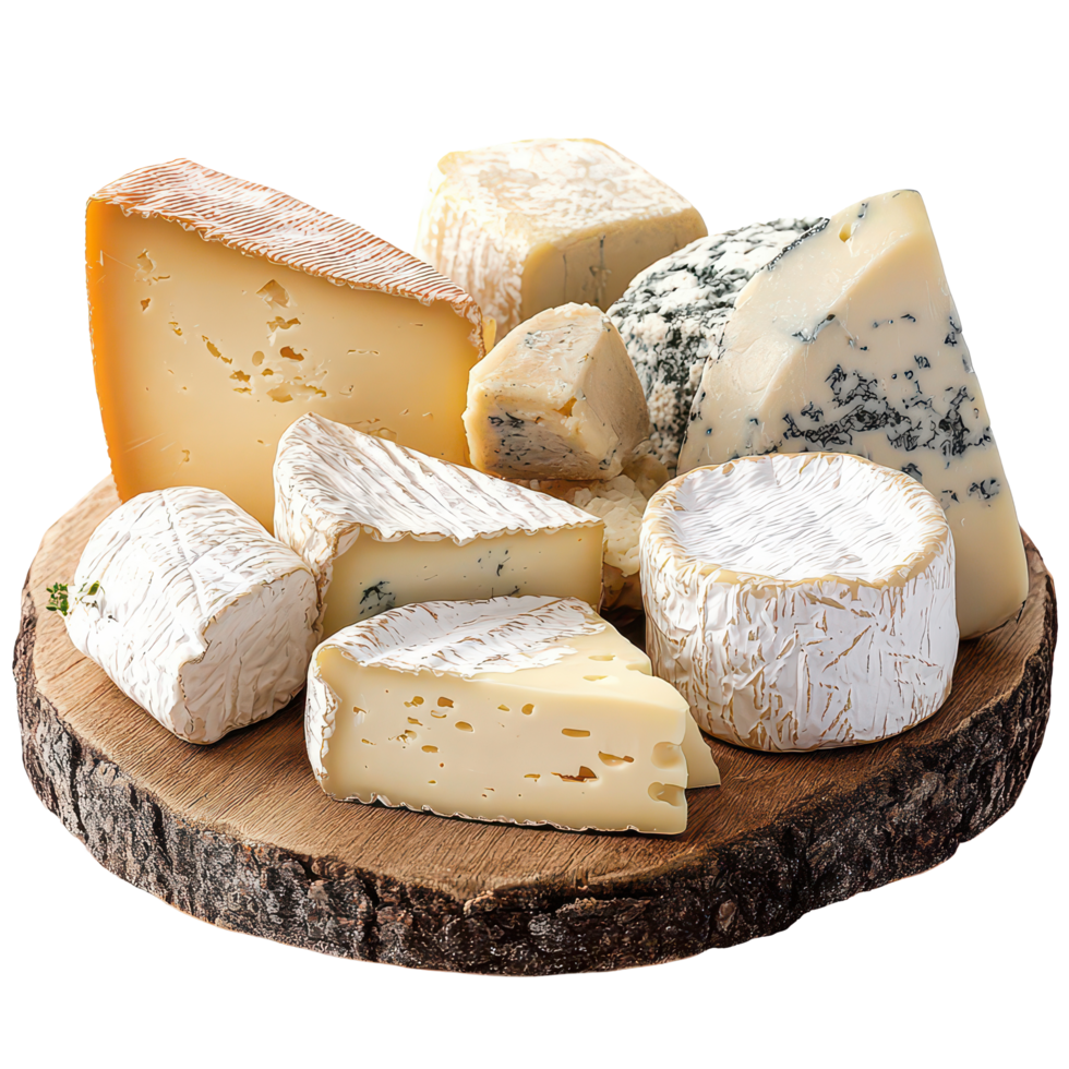 A colorful assortment of gourmet cheeses displayed on a rustic wooden board for a delightful tasting experience, A variety gourmet cheeses displayed on a rustic wooden platter png