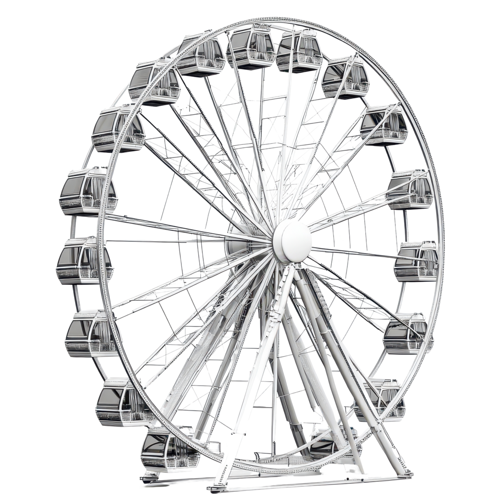 A large Ferris wheel against a clean transparent background showcasing its structure and design intricacies, a portrait a Ferris wheel, transparent background. png
