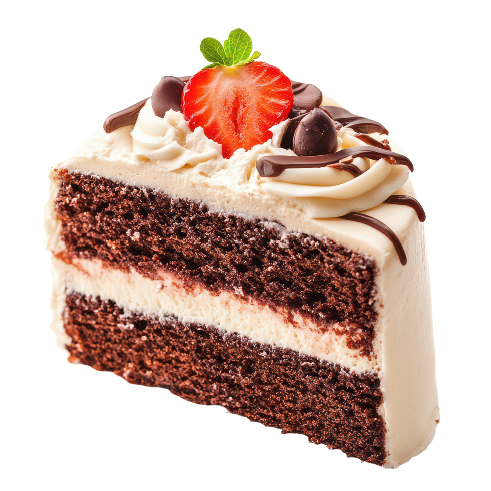 Delicious layered chocolate cake slice with cream, strawberries, and chocolate on a transparent background, A Piece Cake Isolated png