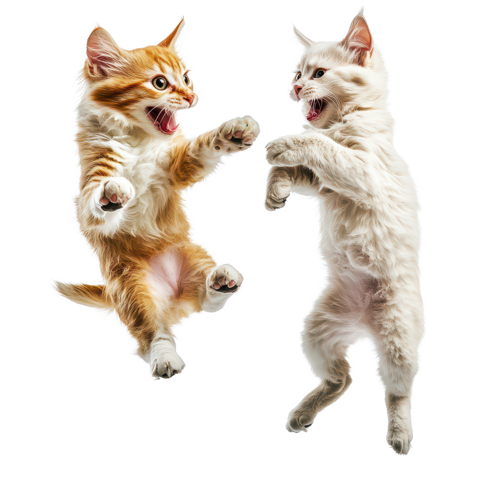 A playful dog and cat leap joyfully together against a bright transparent background during a spirited moment of fun, A playful dog and cat jumping in sync, transparent background. png