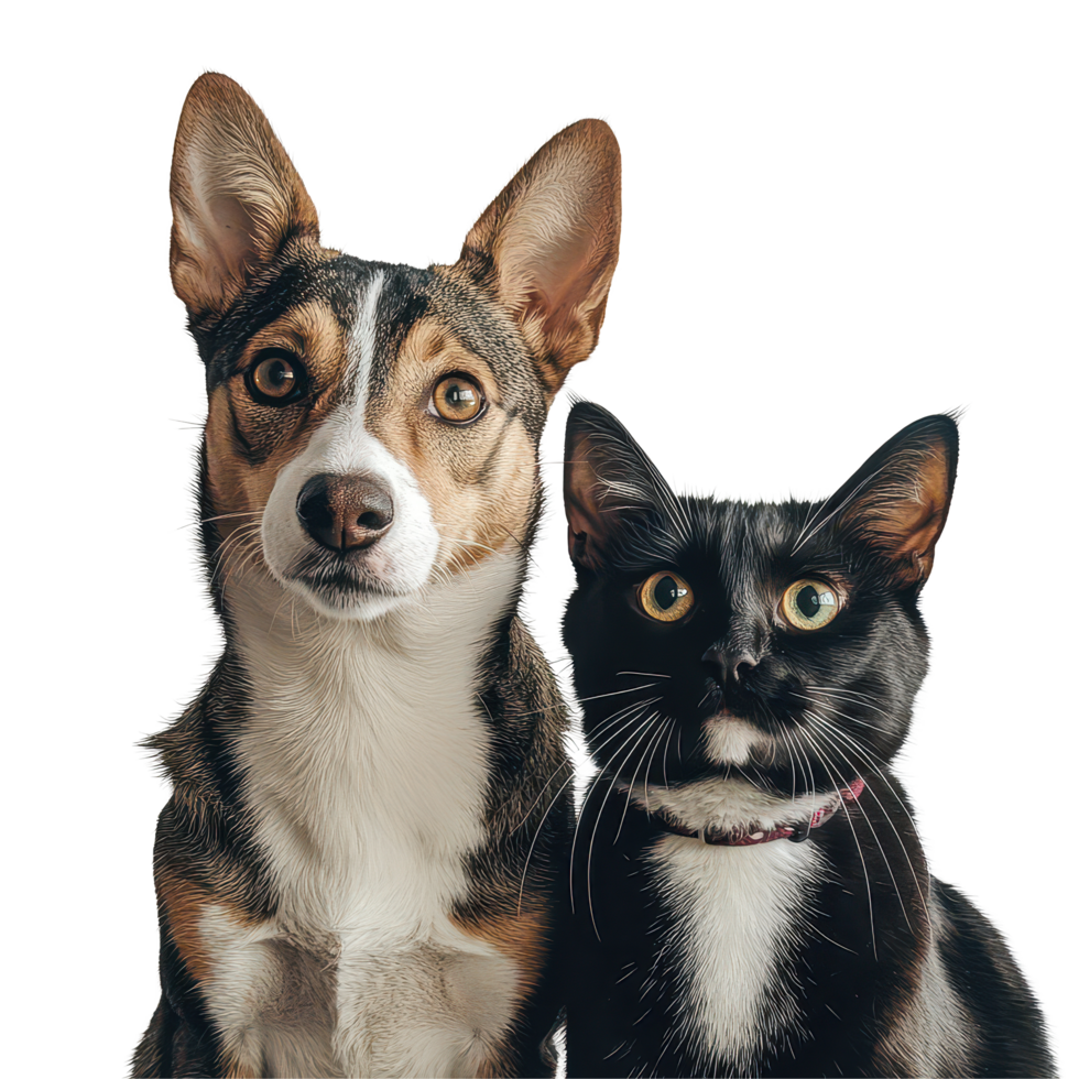 A dog and a cat sit side by side with curious expressions against a light background, highlighting their friendship, A dog and a cat posing together for a picture, transparent background. png
