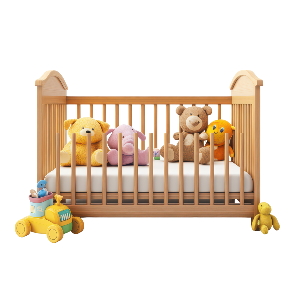 Cozy baby cot with colorful toys against a bright transparent background, perfect for a playful nursery setting, Baby cot with toys on background, transparent background. png