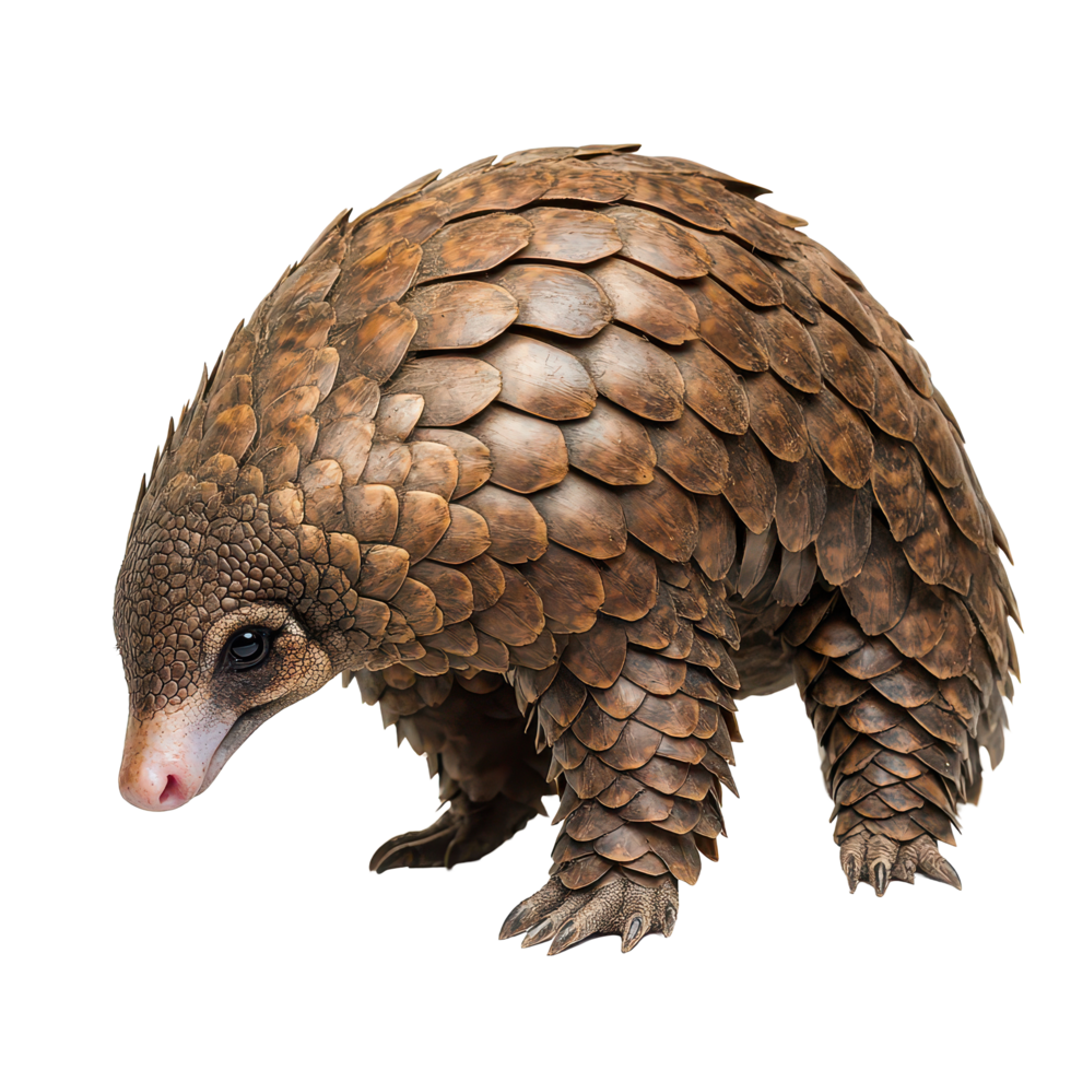 A solitary pangolin with textured scales on a stark transparent background, a pangolin isolated on transparent background png