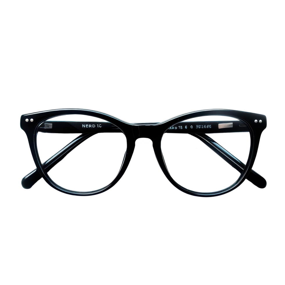 Stylish black nerd glasses on a minimalist transparent background featuring clear lenses, Black Nerd Glasses, transparent background. png