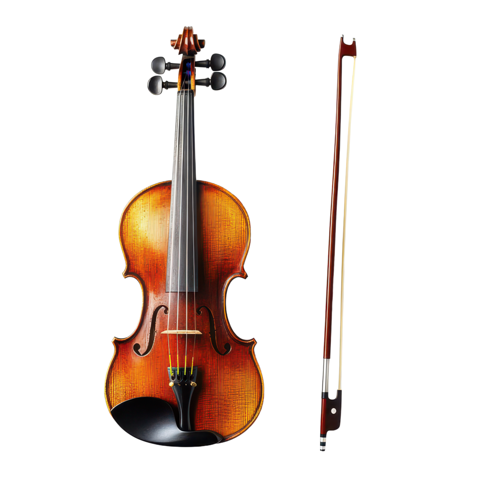 Elegant violin with bow isolated on a transparent background showcasing fine craftsmanship and attention to detail, a violin with a bow on a isolated on transparent background png