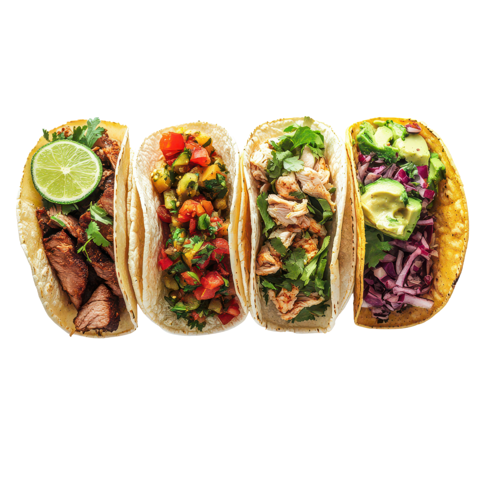 Savory beef, chicken, and vegetarian tacos arranged on a transparent background for a delightful feast experience, Beef, Chicken, and Vegetarian Tacos on transparent background png