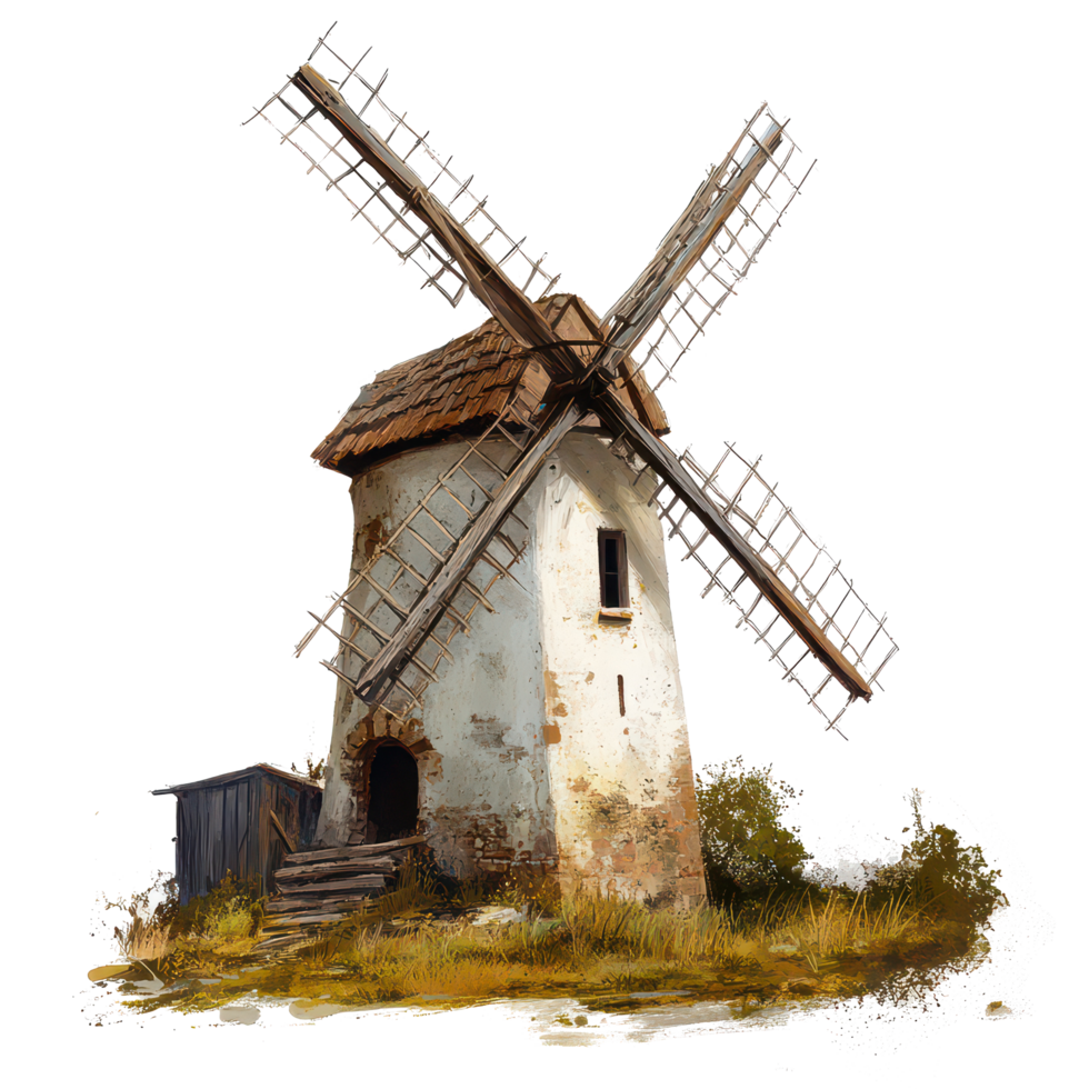 The old windmill features a weathered wooden exterior with a thatched roof and large, crossed sails, a old windmill, transparent background. png