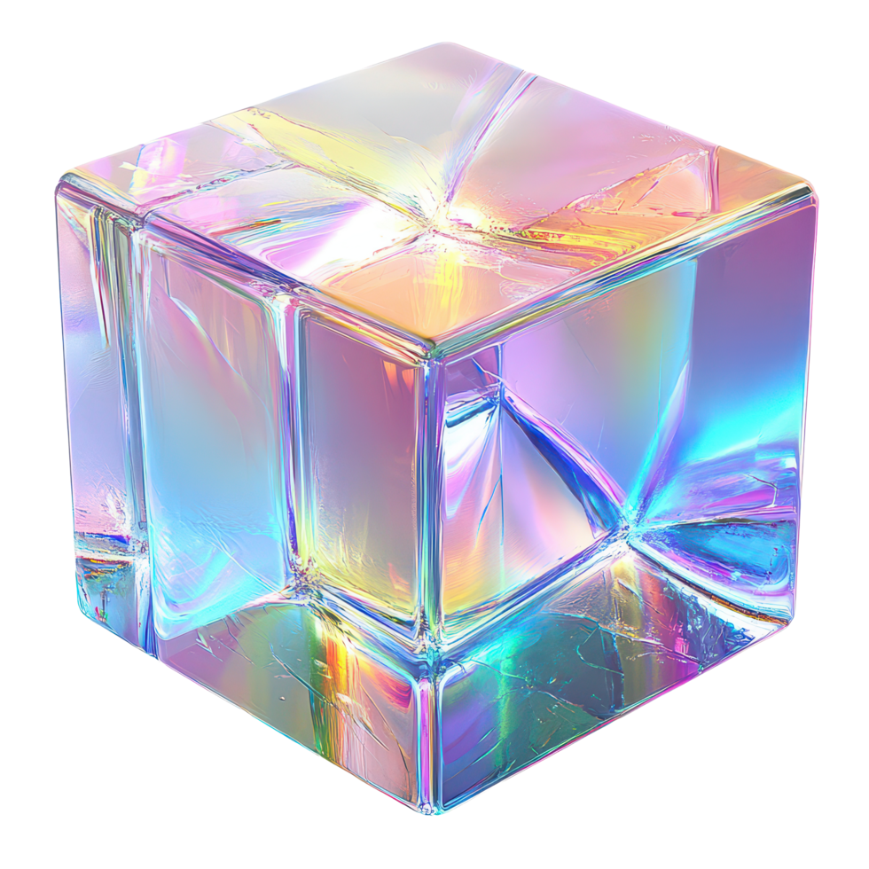 A crystal glass cube showcasing vibrant refraction and holographic effects in a minimalistic setting, 3d crystal glass bubble with refraction and holographic effect isolated on transparent background png