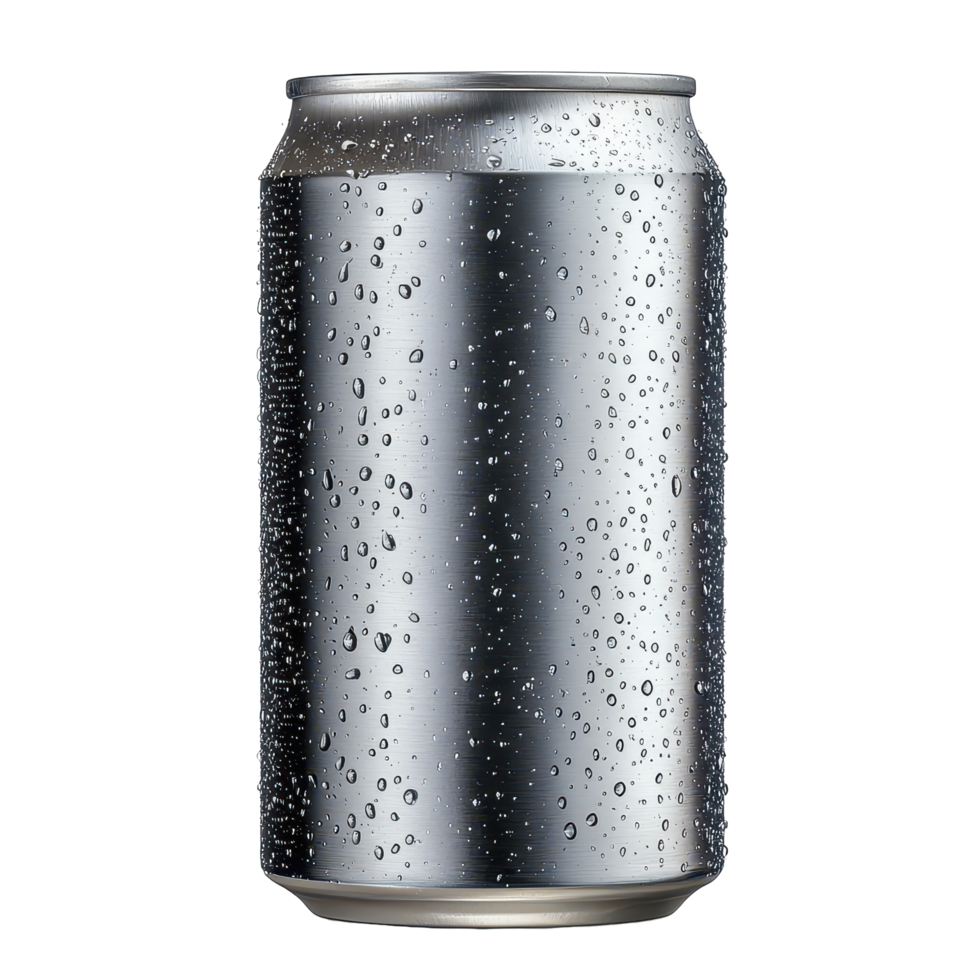 A metallic aluminum can covered in water droplets isolated on a transparent background, capturing freshness, aluminum can without label with water drops isolated onisolated on transparent background png