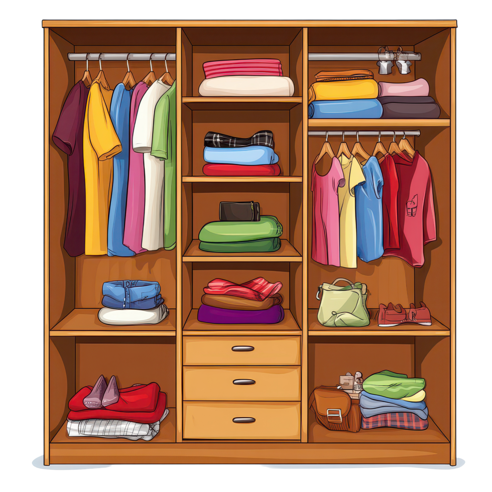 A neatly organized wardrobe displaying colorful clothes and stylish accessories on a clean transparent background, a wardrobe with clothes and accessories, transparent background. png