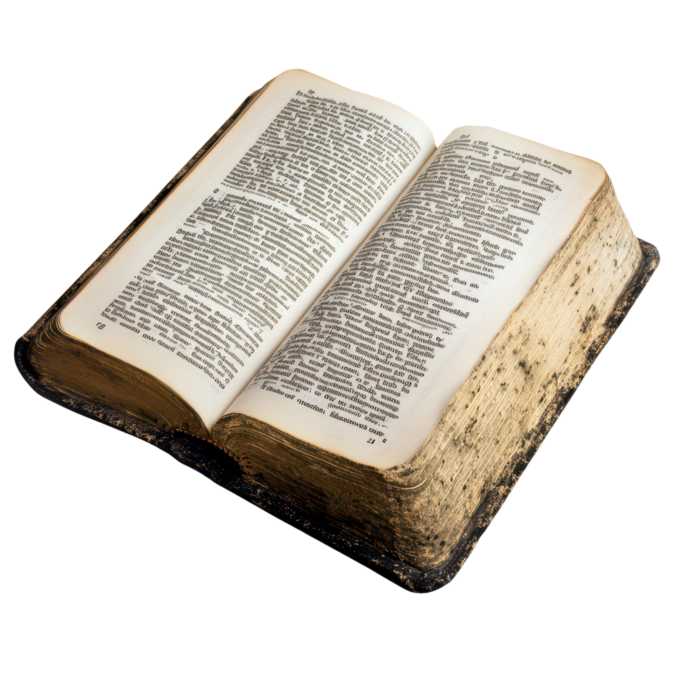 An open Bible displays its pages filled with text, representing Christian teachings and spiritual beliefs, Bible christianity faith religion belief spirituality isolated png