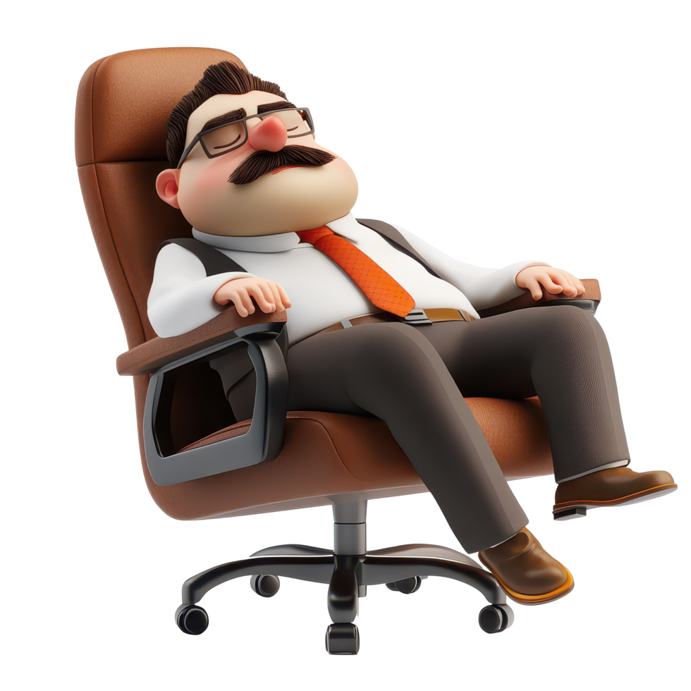 Cartoon boss character dozing off in a brown office chair during work hours, 3d Cartoon Boss character sleeping in chair at workplace, transparent background. png
