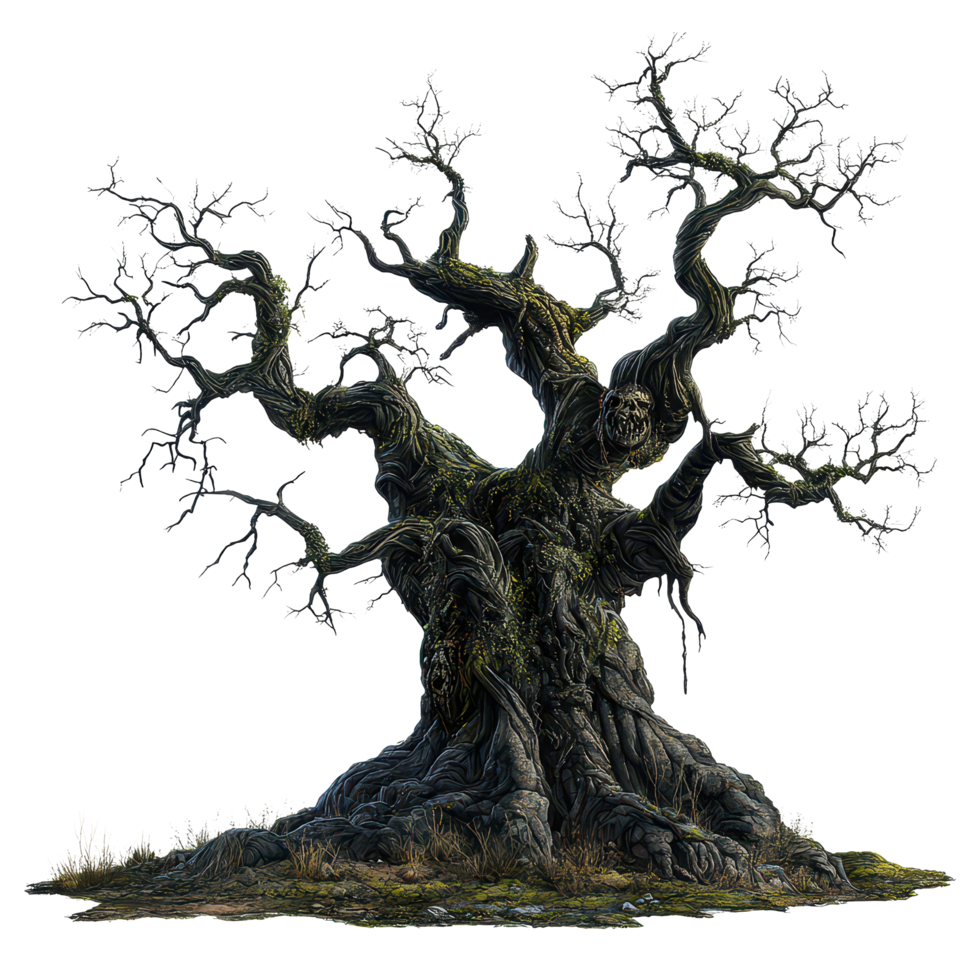 A creepy monster tree with twisted branches looming against a stark transparent background, a monster tree, scary tree, transparent background. png