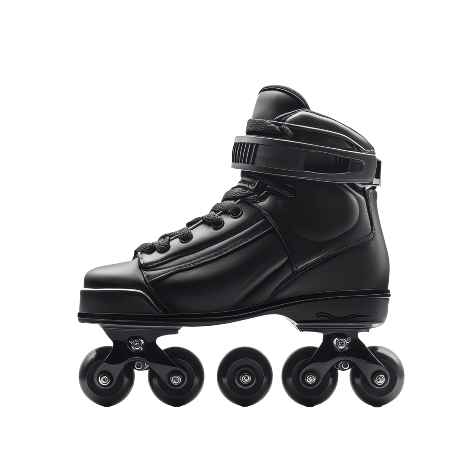 Black roller skate shoe on a transparent background showcasing design and construction details, black roller skate shoe object on isolated on transparent background png