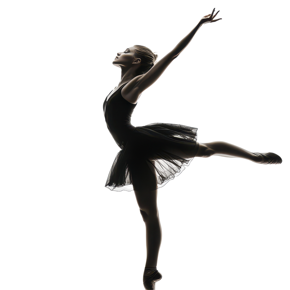 A graceful ballet dancer in a black tutu performing an elegant pose against a transparent background, Ballet girl isolated, transparent background. png